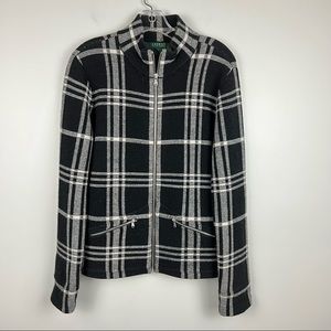 Lauren Ralph Lauren Size L Black white windowpane Zip Wool Angora Hair Sweater